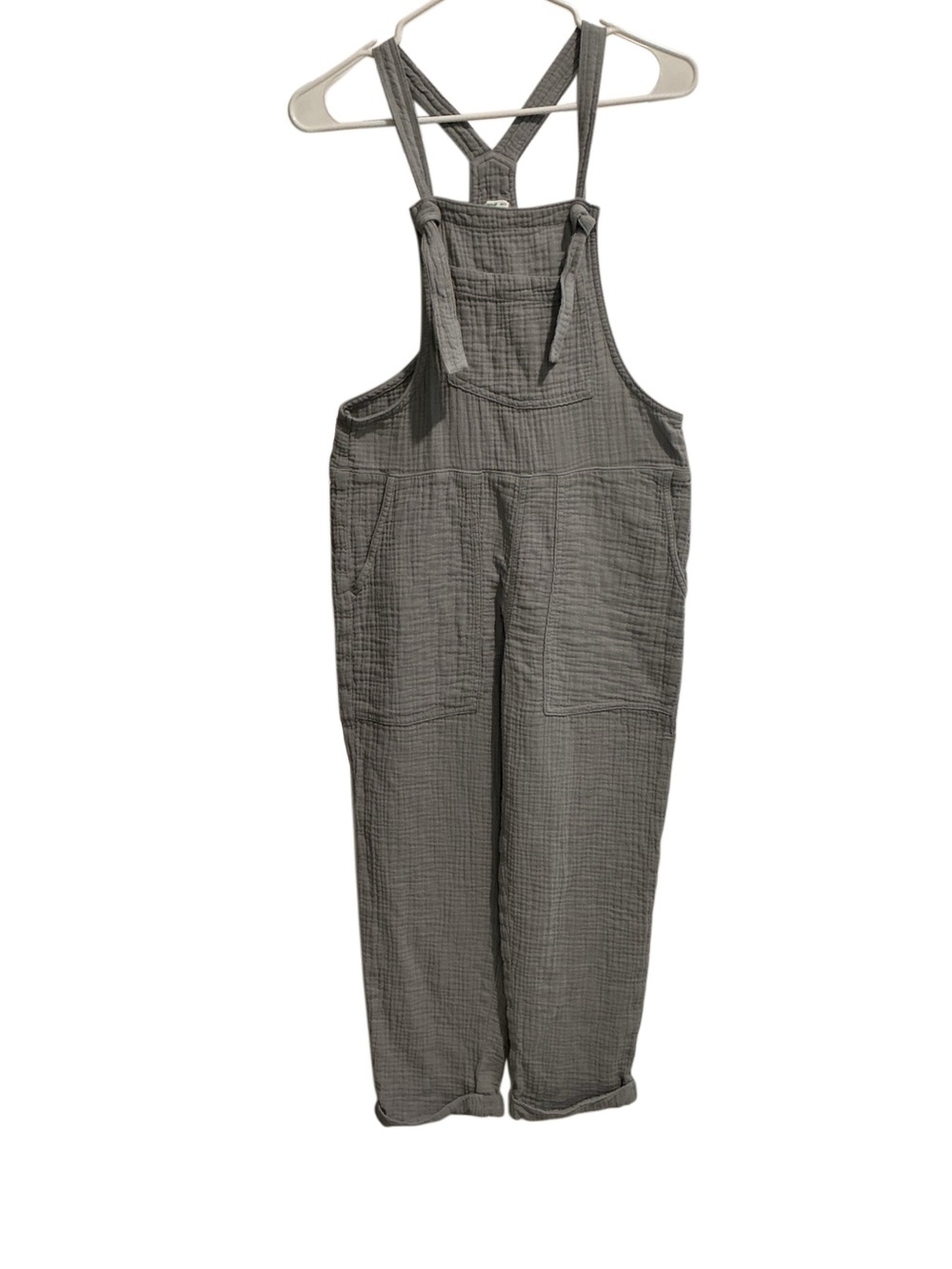 Aerie Double Gauze Cotton Overalls Tie Shoulder Cropped Leg Sage Green